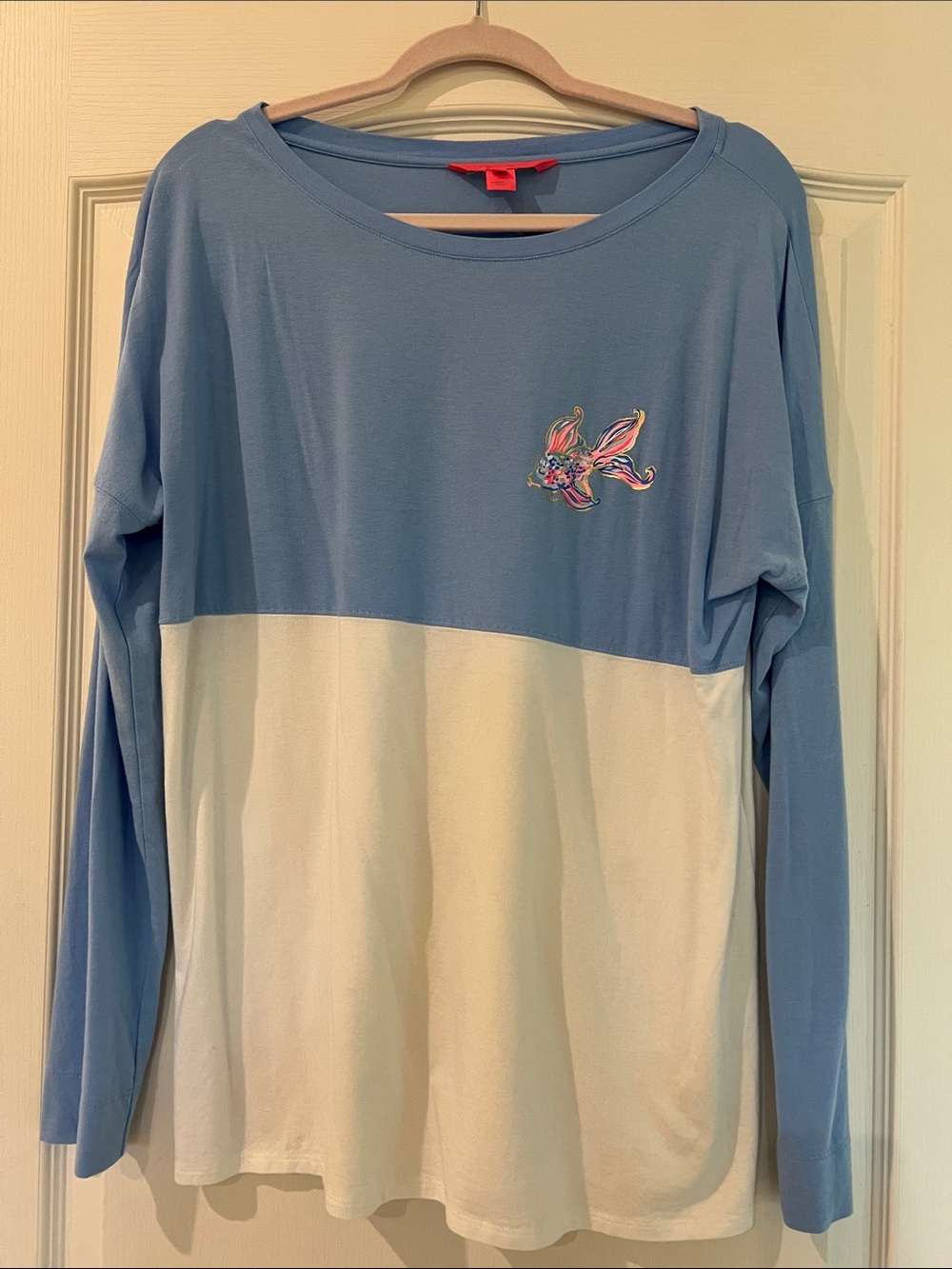 Blue and White Colorblock Long Sleeve Top with Fish Embroidered Accent